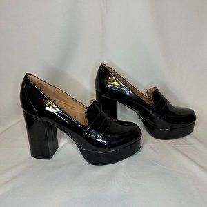 Black Patent Leather Chunky High Heel Penny Loafers